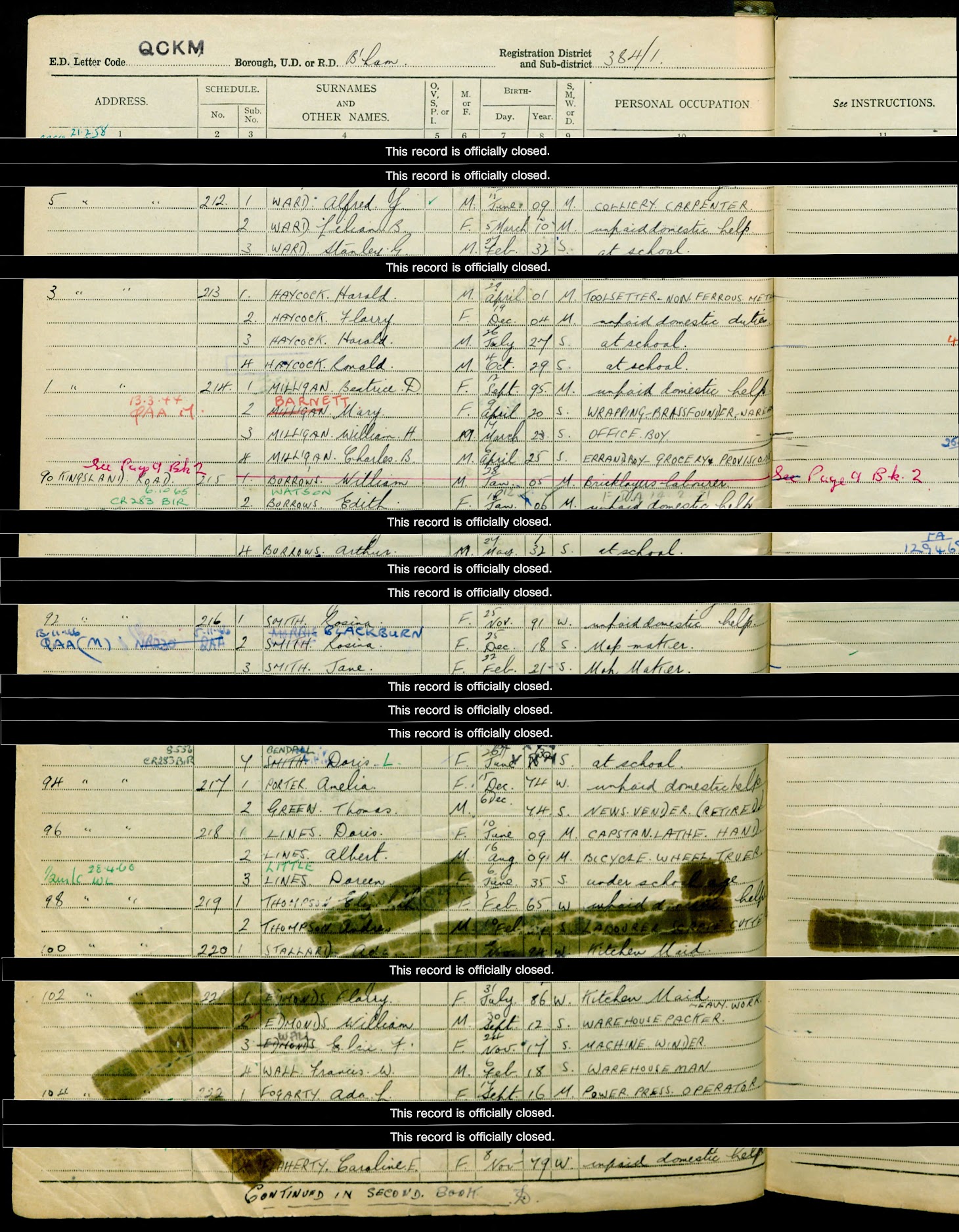 Page from the 1939 UK Register showing multiple households