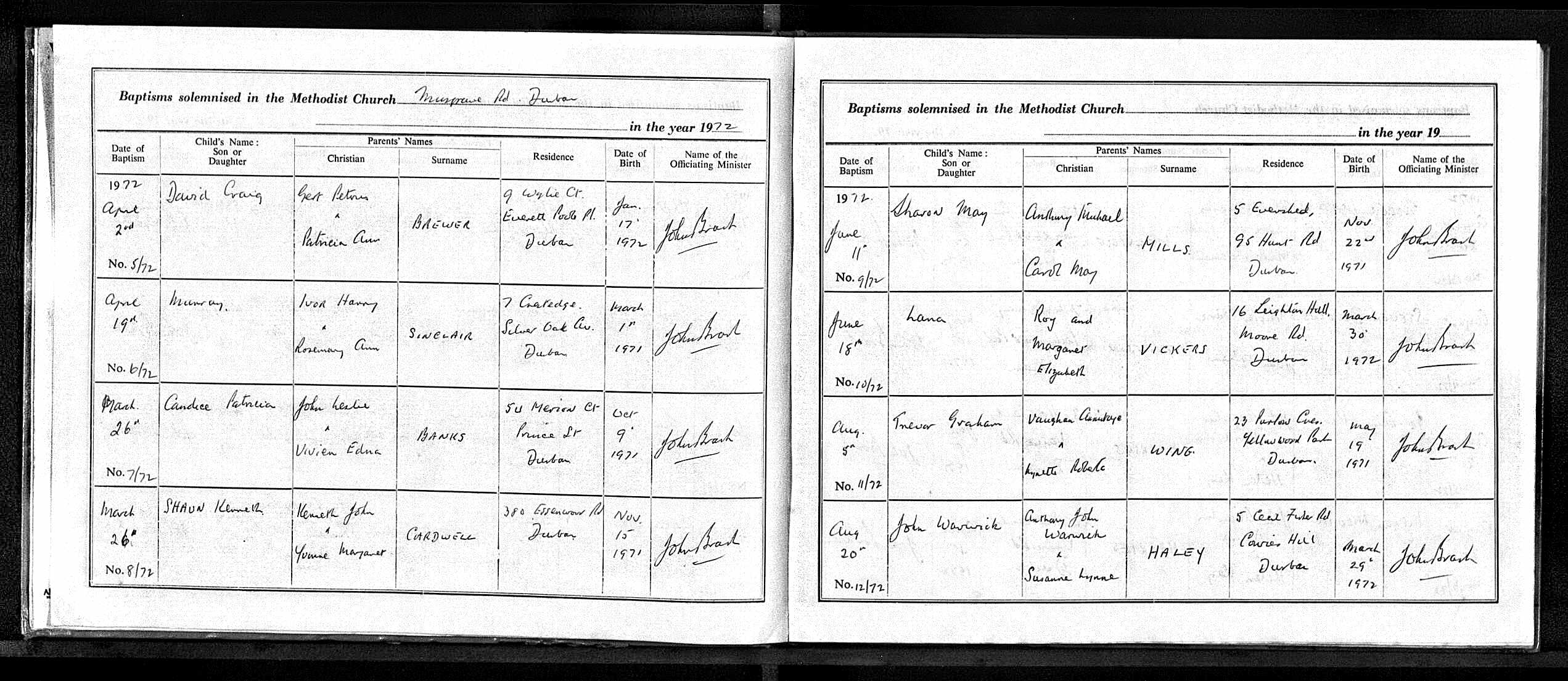 Methodist Church baptism register, Durban, South Africa, 1972