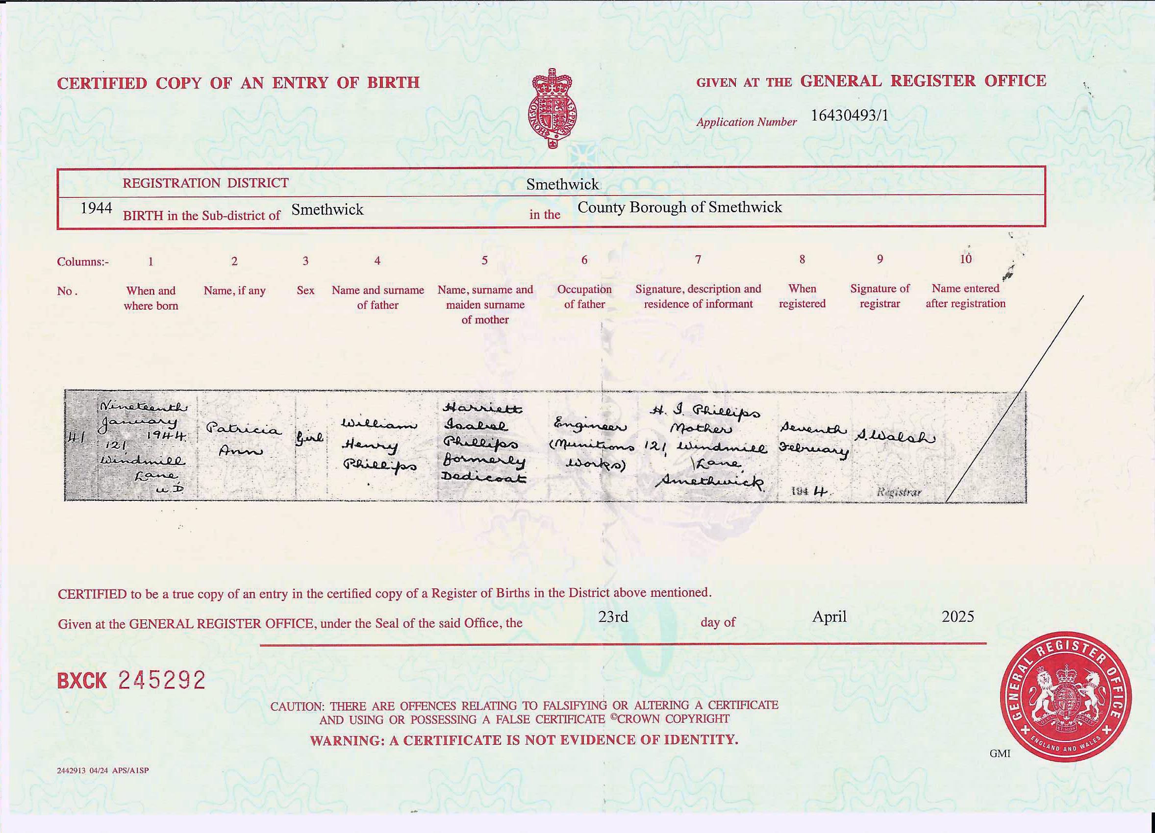Certified copy of birth entry for Patricia Ann Phillips, 1944, Smethwick, UK