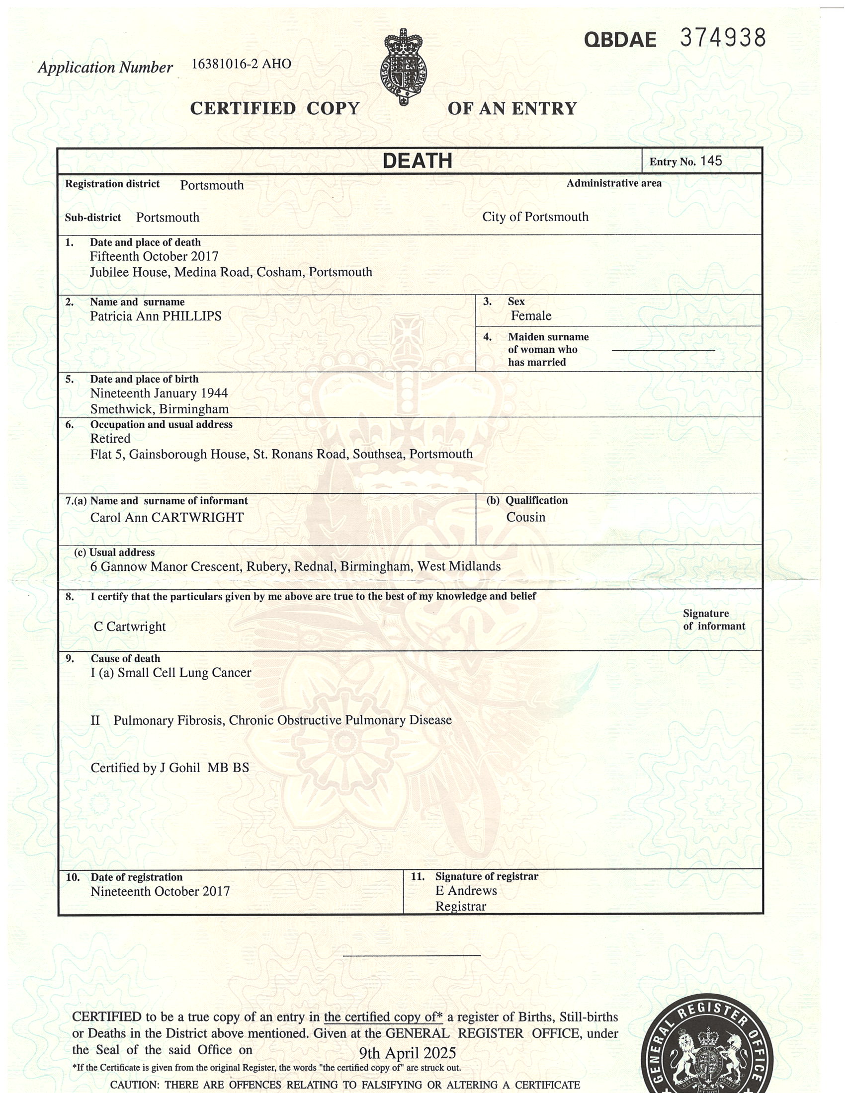 Certified copy of death entry for Patricia Ann Phillips, 2017, Portsmouth, UK