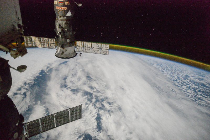 View of Earth and Soyuz module at night from the ISS