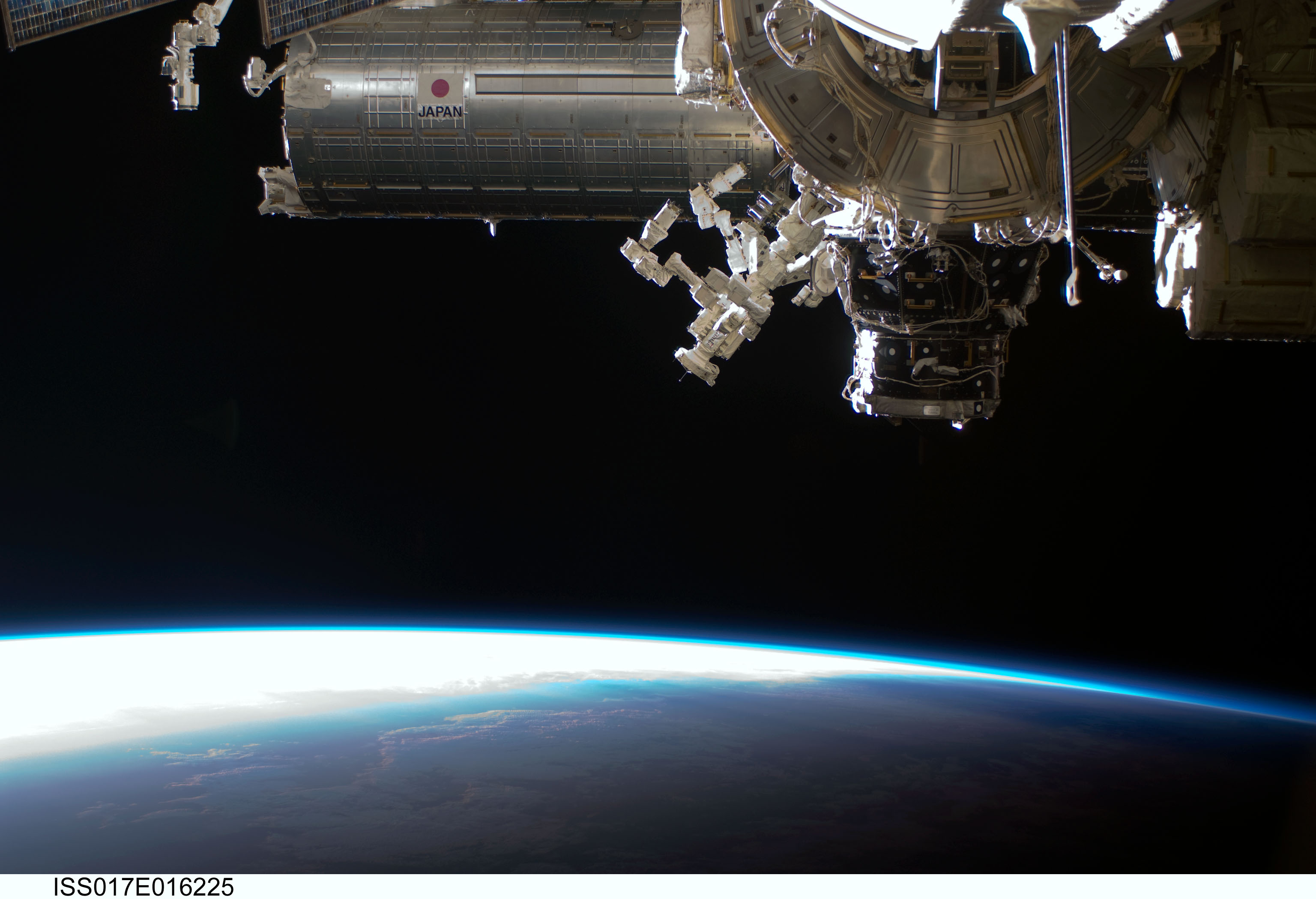 The Japanese Kibo laboratory module and Dextre robotic manipulator seen against Earth&rsquo;s limb from the International Space Station, September 2008.